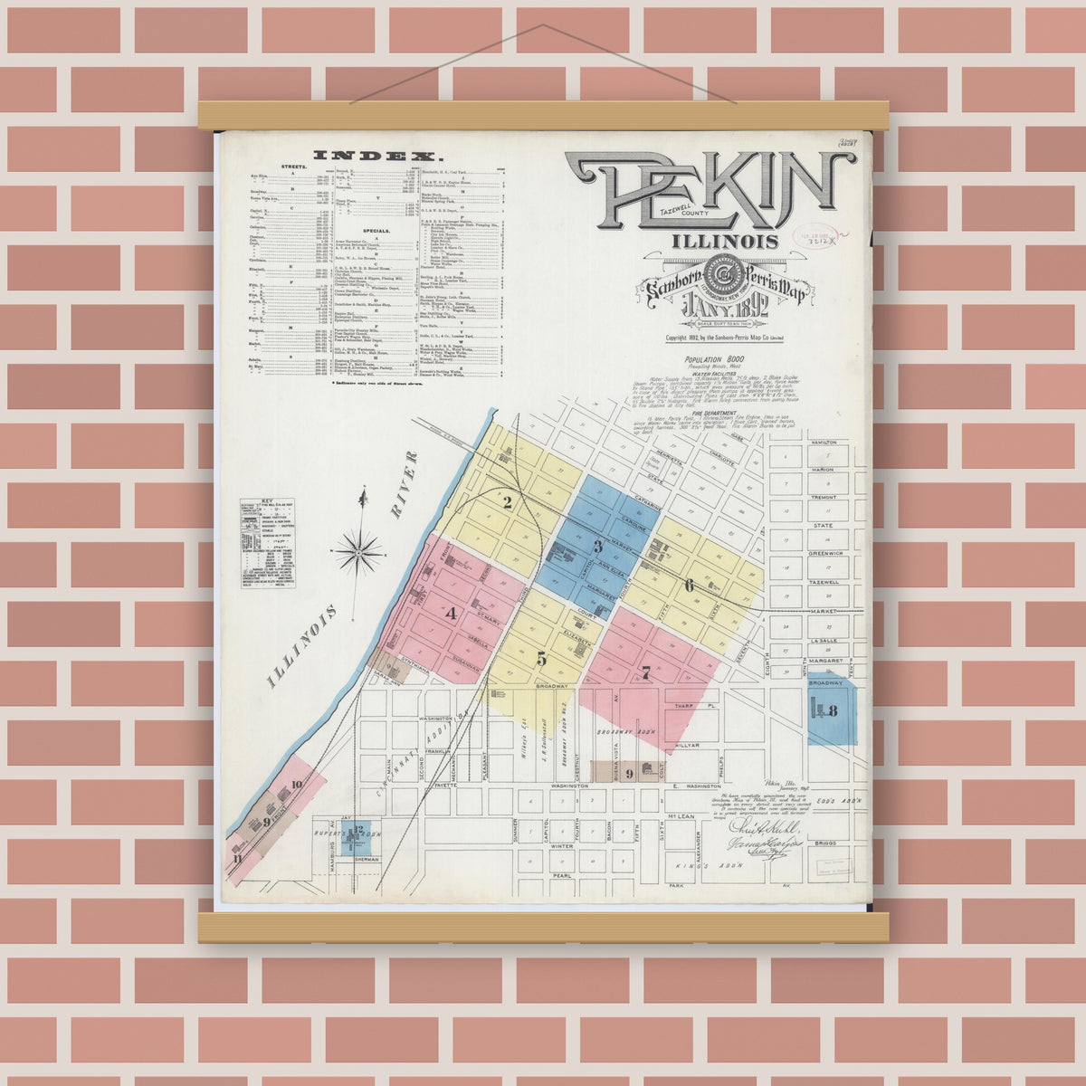 Old map wall art mockup — magnetic wood frame on brick wall — Sanborn Fire Insurance Map from Pekin, Tazewell County, Illinois (1892), Sheet #0001