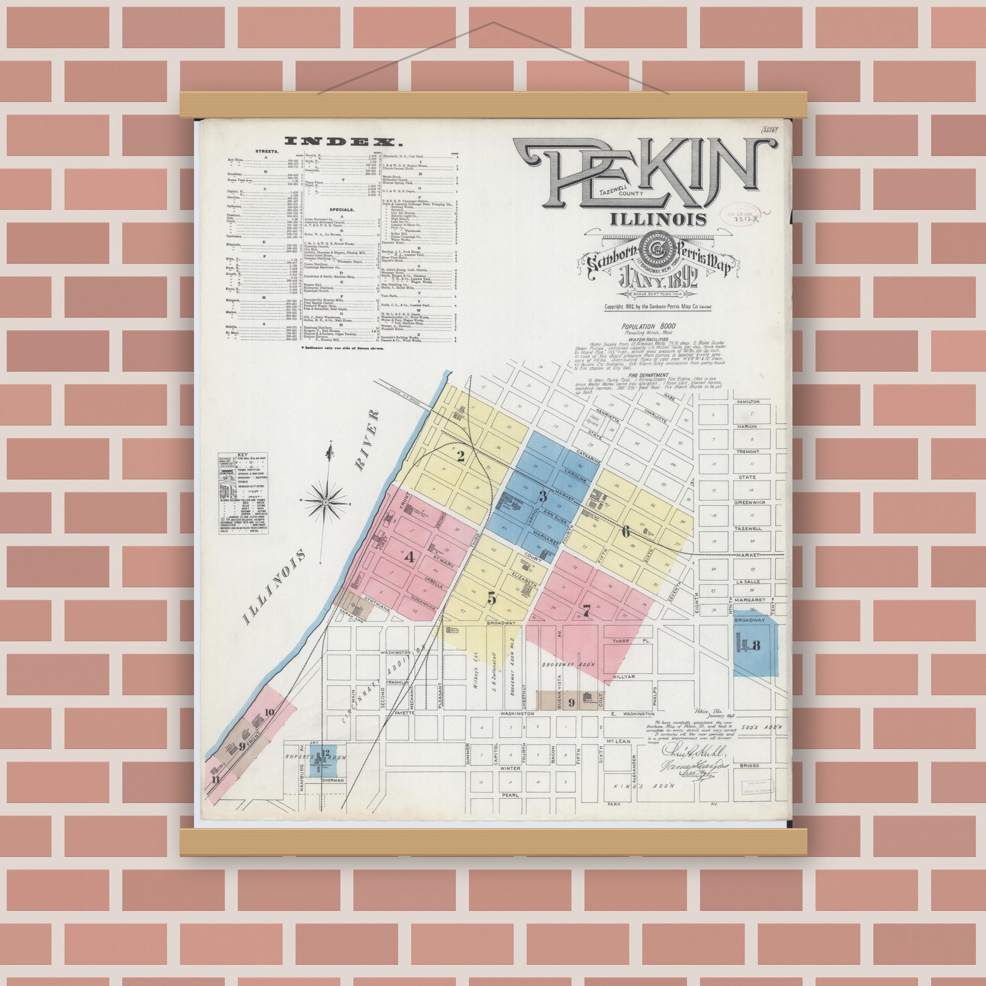 Old map wall art mockup — magnetic wood frame on brick wall — Sanborn Fire Insurance Map from Pekin, Tazewell County, Illinois (1892), Sheet #0001