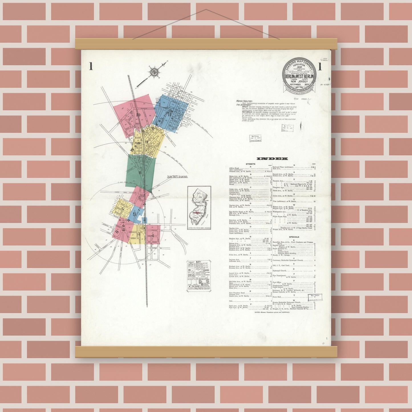 Old map wall art mockup — magnetic wood frame on brick wall — Sanborn Fire Insurance Map from Berlin, Camden County, New Jersey (1923) - Complete Map Set