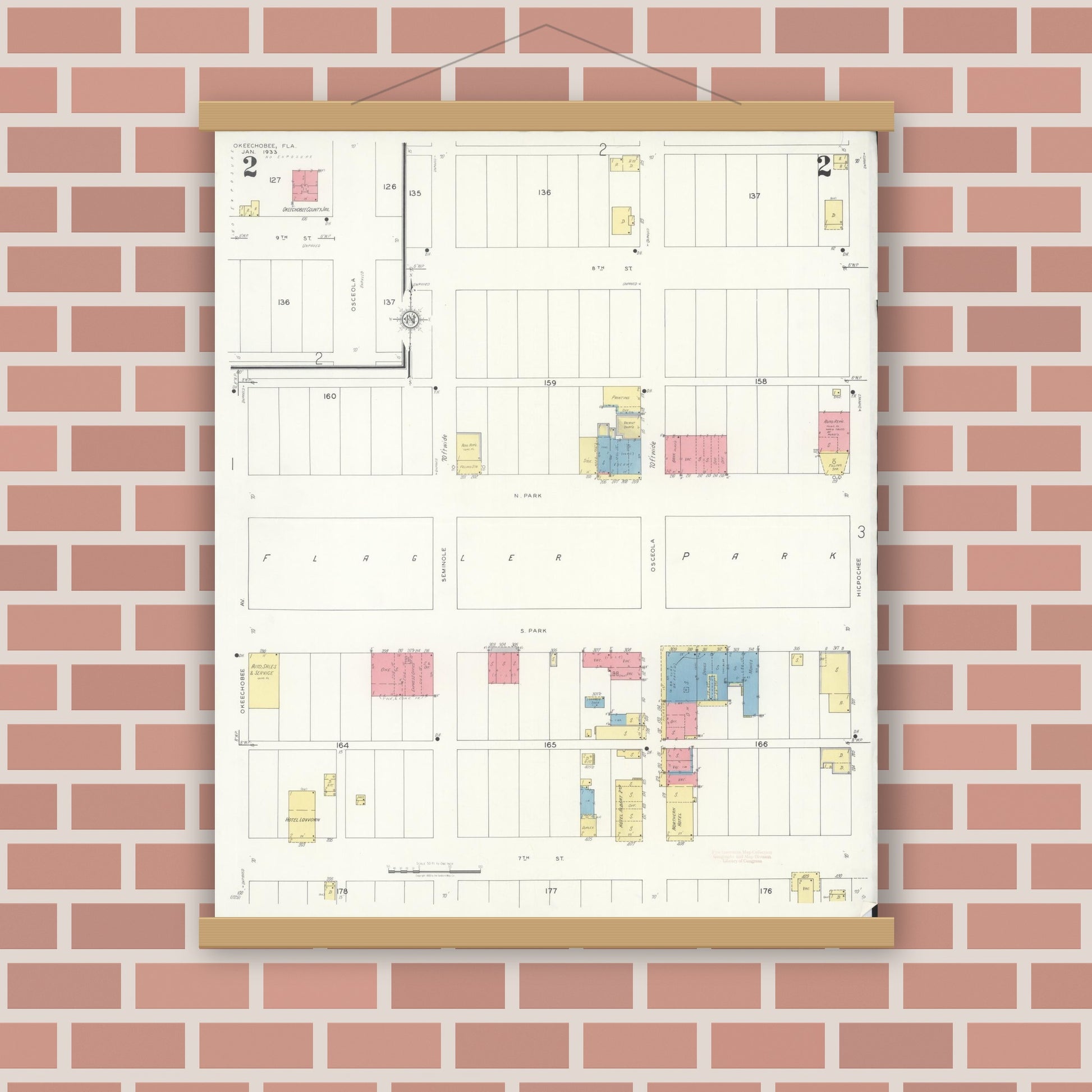 Old map wall art mockup — magnetic wood frame on brick wall — Sanborn Fire Insurance Map from Okeechobee, Okeechobee County, Florida (1933), Sheet #0002