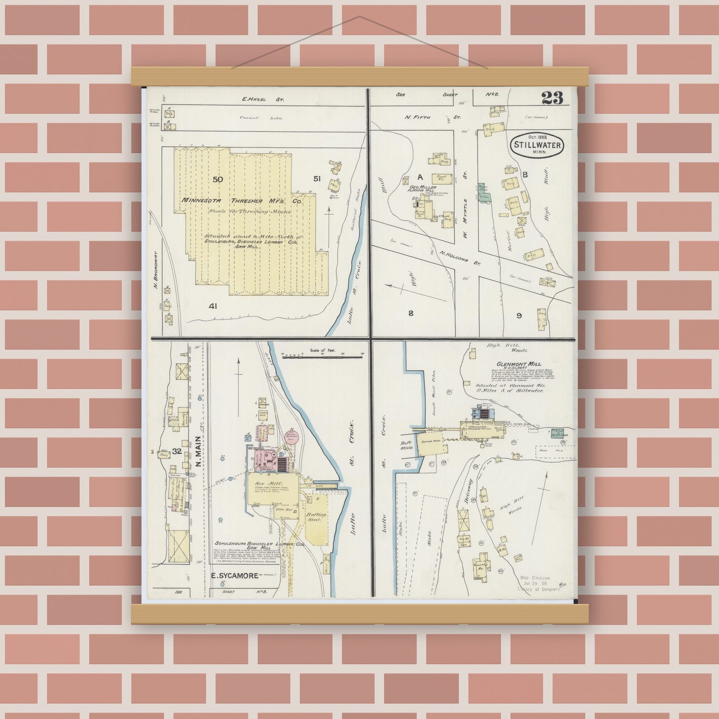 Old map wall art mockup — magnetic wood frame on brick wall — Sanborn Fire Insurance Map from Stillwater, Washington County, Minnesota (1888), Sheet #0023