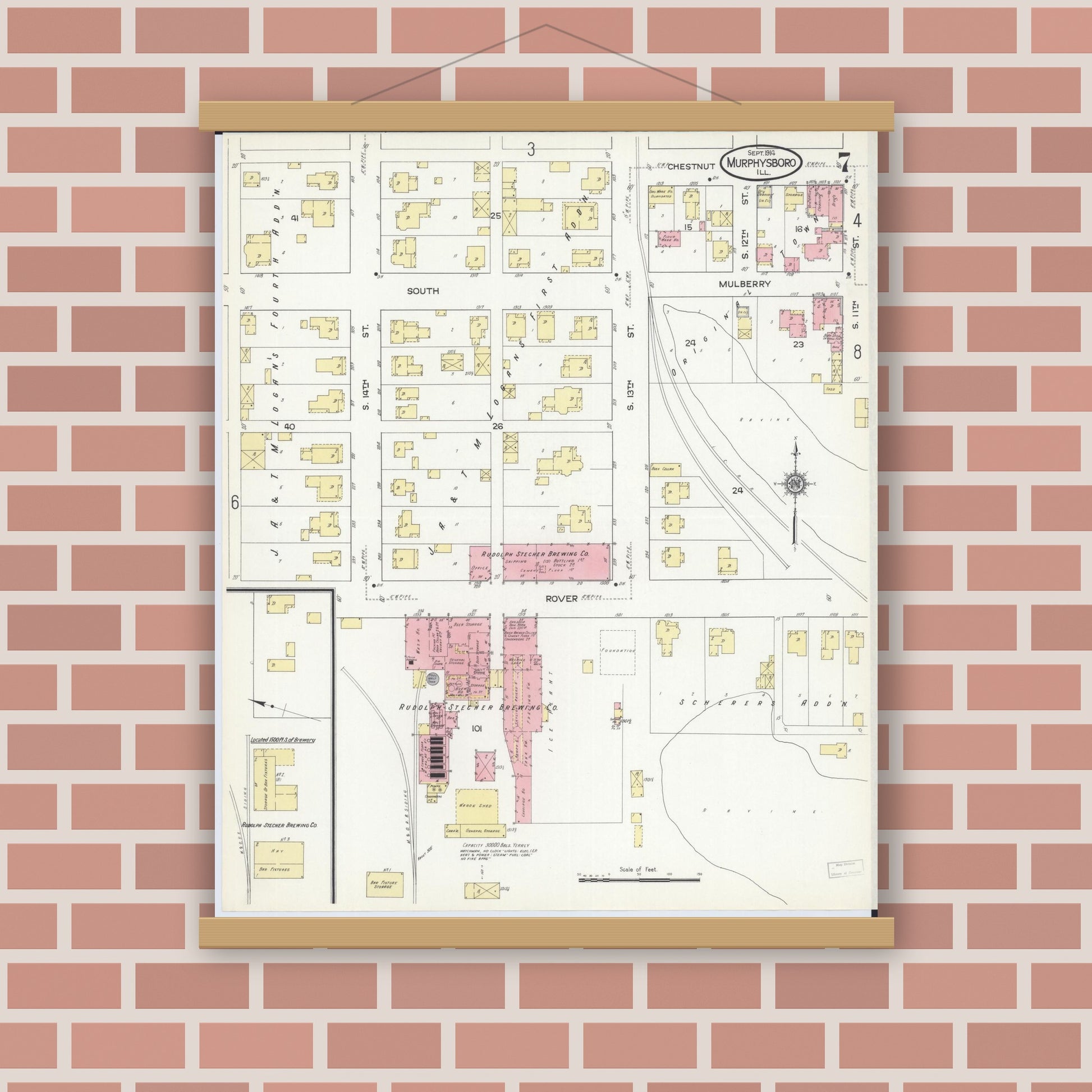 Old map wall art mockup — magnetic wood frame on brick wall — Sanborn Fire Insurance Map from Murphysboro, Jackson County, Illinois (1914), Sheet #0007