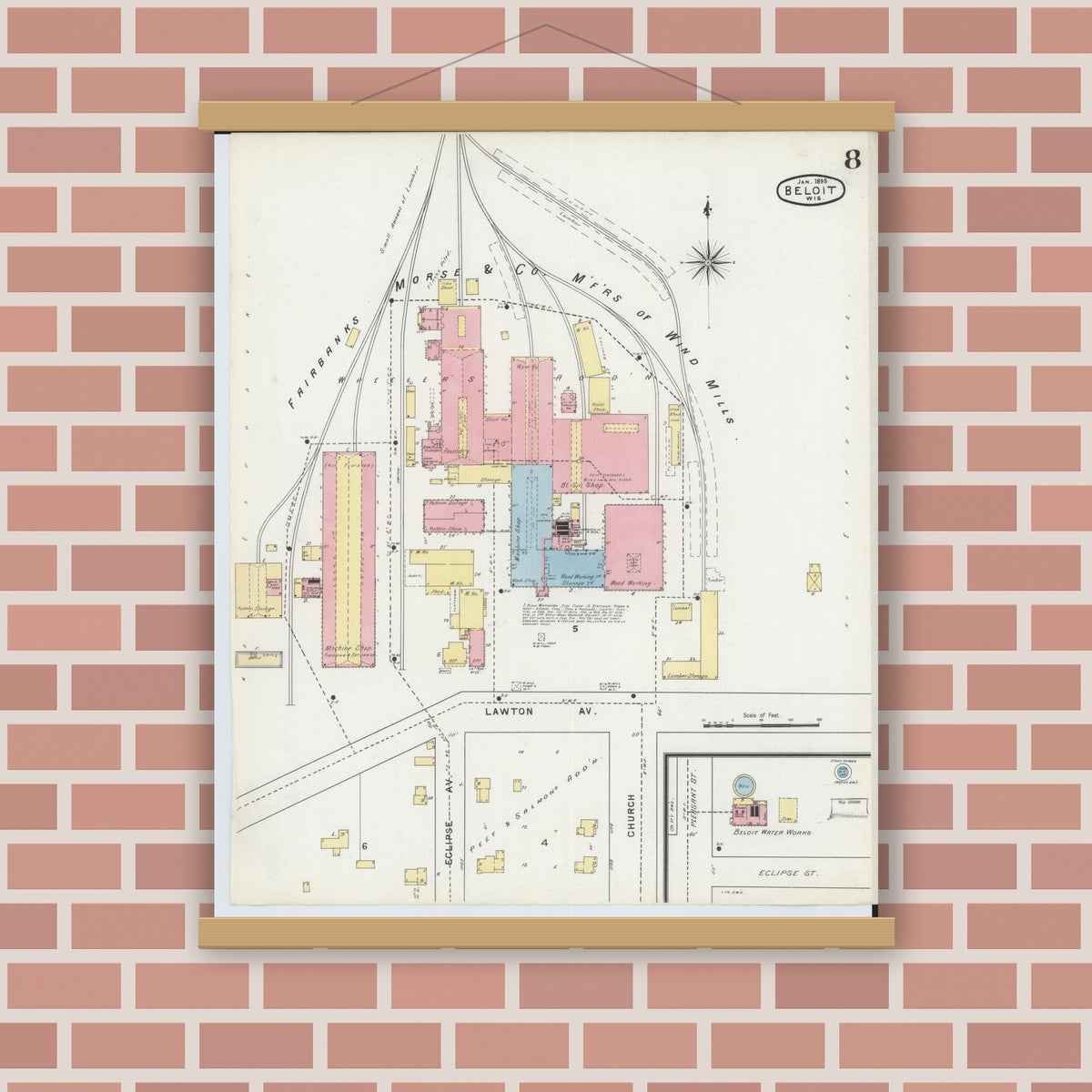 Old map wall art mockup — magnetic wood frame on brick wall — Sanborn Fire Insurance Map from Beloit, Rock County, Wisconsin (1895), Sheet #0008