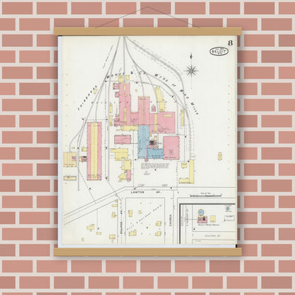 Old map wall art mockup — magnetic wood frame on brick wall — Sanborn Fire Insurance Map from Beloit, Rock County, Wisconsin (1895), Sheet #0008