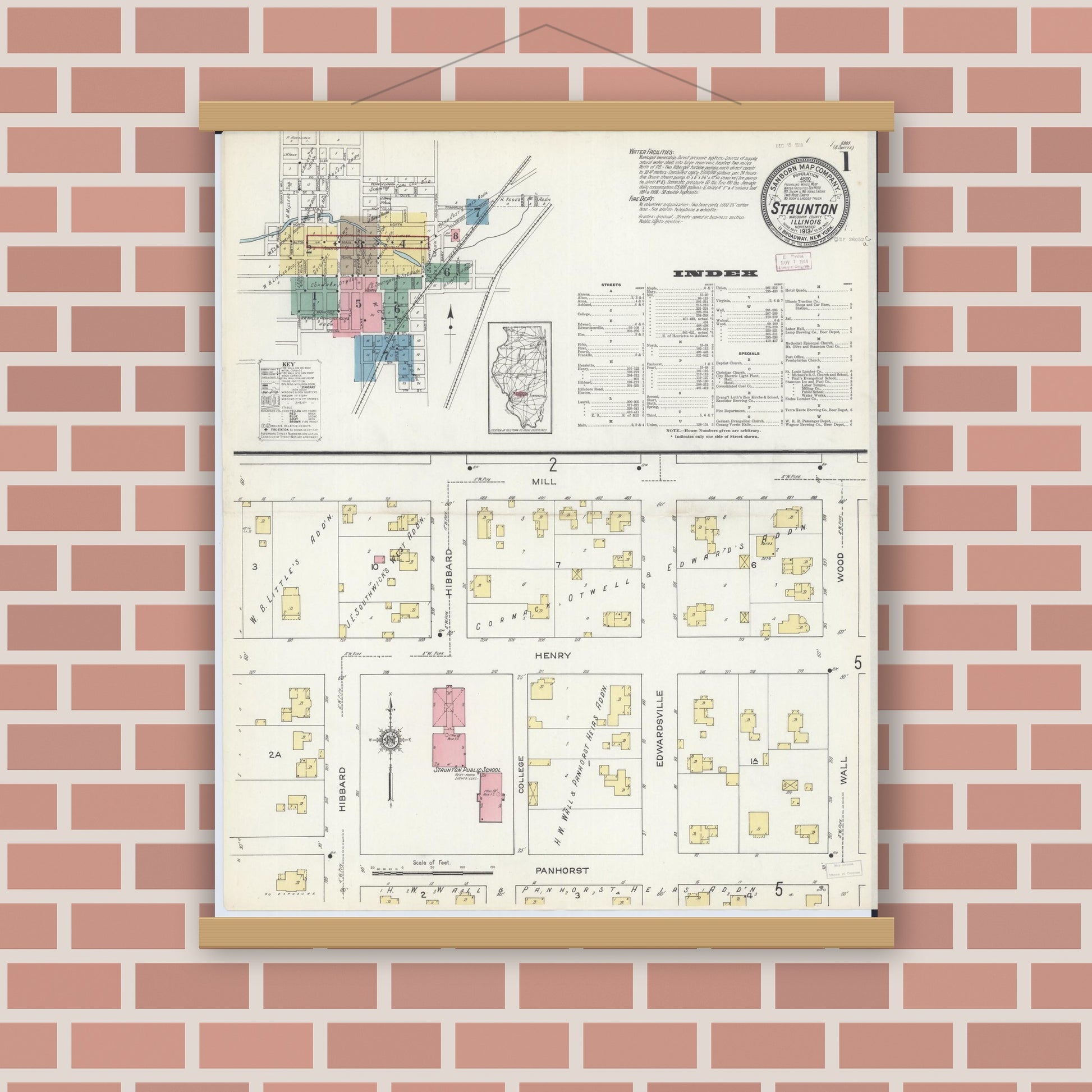 Old map wall art mockup — magnetic wood frame on brick wall — Sanborn Fire Insurance Map from Staunton, Macoupin County, Illinois (1913) - Complete Map Set
