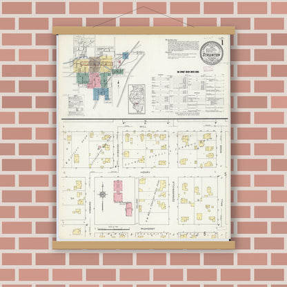 Old map wall art mockup — magnetic wood frame on brick wall — Sanborn Fire Insurance Map from Staunton, Macoupin County, Illinois (1913) - Complete Map Set