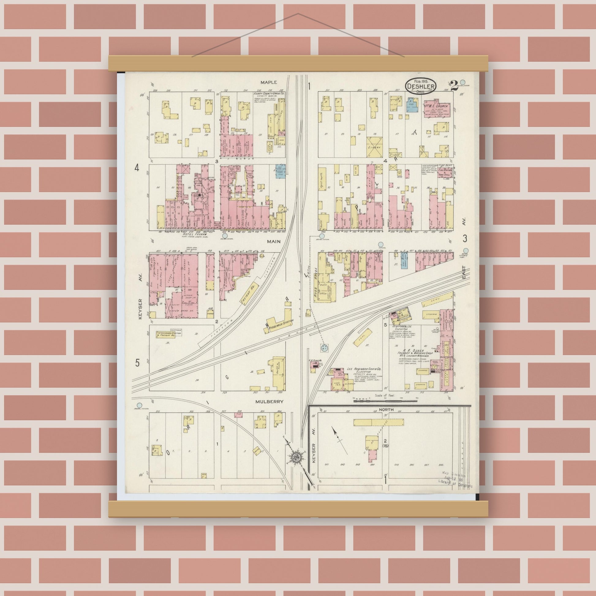 Old map wall art mockup — magnetic wood frame on brick wall — Sanborn Fire Insurance Map from Deshler, Henry County, Ohio (1915), Sheet #0002