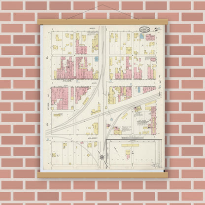 Old map wall art mockup — magnetic wood frame on brick wall — Sanborn Fire Insurance Map from Deshler, Henry County, Ohio (1915), Sheet #0002