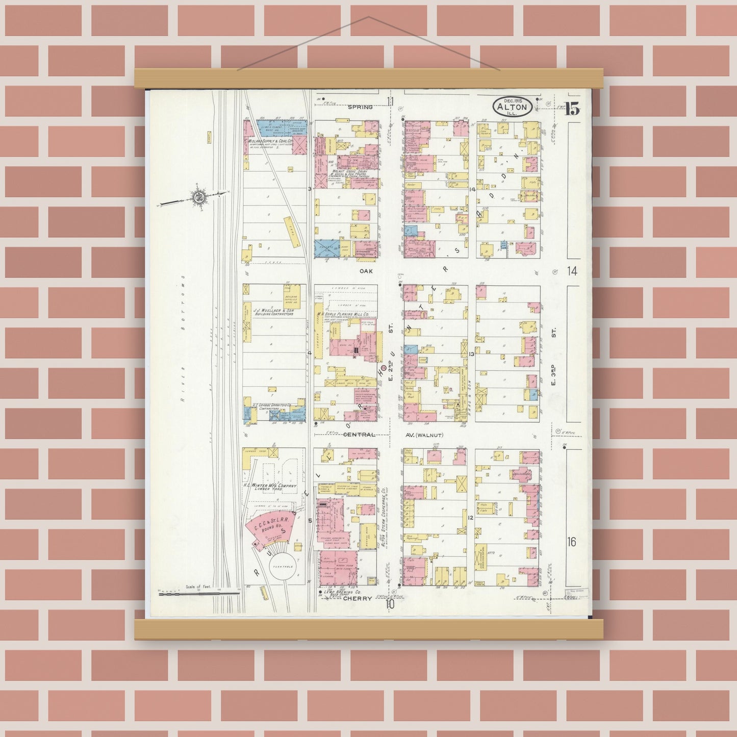 Old map wall art mockup — magnetic wood frame on brick wall — Sanborn Fire Insurance Map from Alton, Madison County, Illinois (1915), Sheet #0015