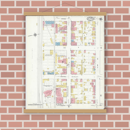 Old map wall art mockup — magnetic wood frame on brick wall — Sanborn Fire Insurance Map from Alton, Madison County, Illinois (1915), Sheet #0015