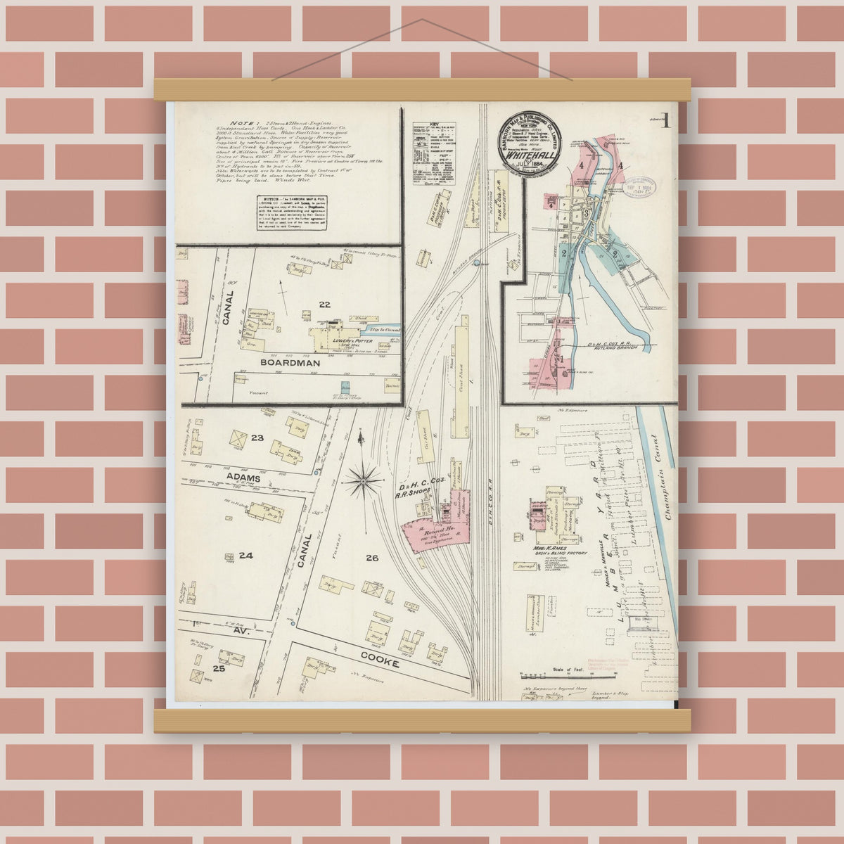 Old map wall art mockup — magnetic wood frame on brick wall — Sanborn Fire Insurance Map from Whitehall, Washington County, New York (1884) - Complete Map Set