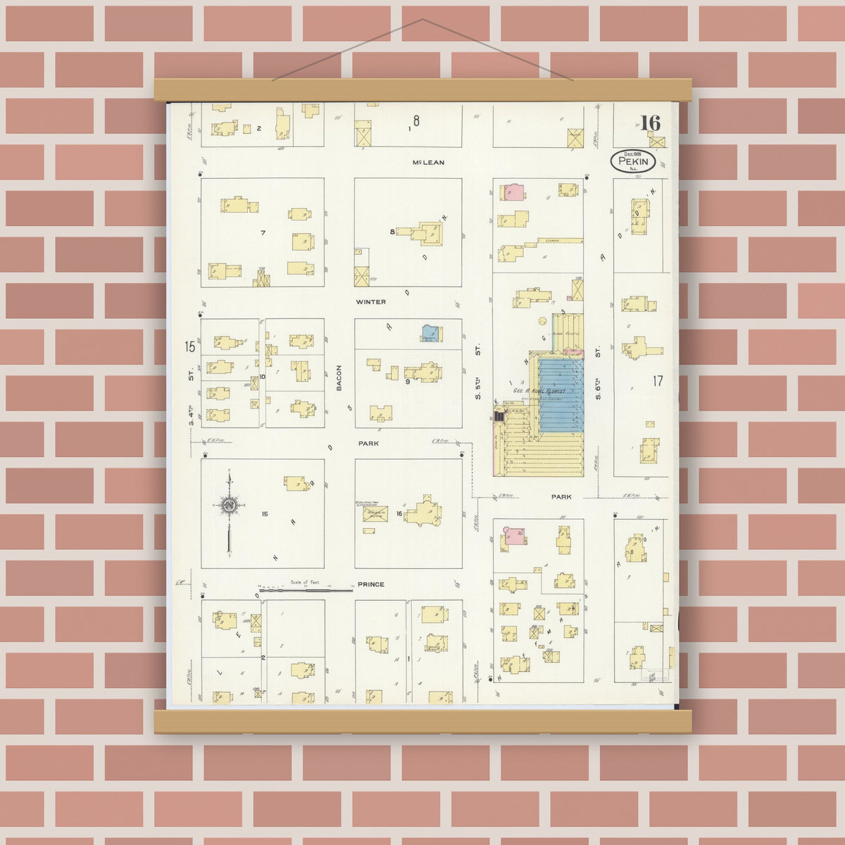 Old map wall art mockup — magnetic wood frame on brick wall — Sanborn Fire Insurance Map from Pekin, Tazewell County, Illinois (1909), Sheet #0016