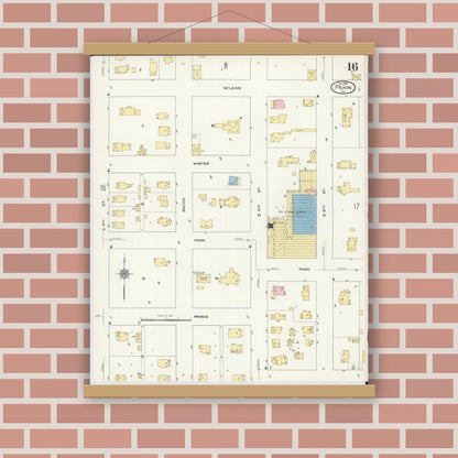 Old map wall art mockup — magnetic wood frame on brick wall — Sanborn Fire Insurance Map from Pekin, Tazewell County, Illinois (1909), Sheet #0016