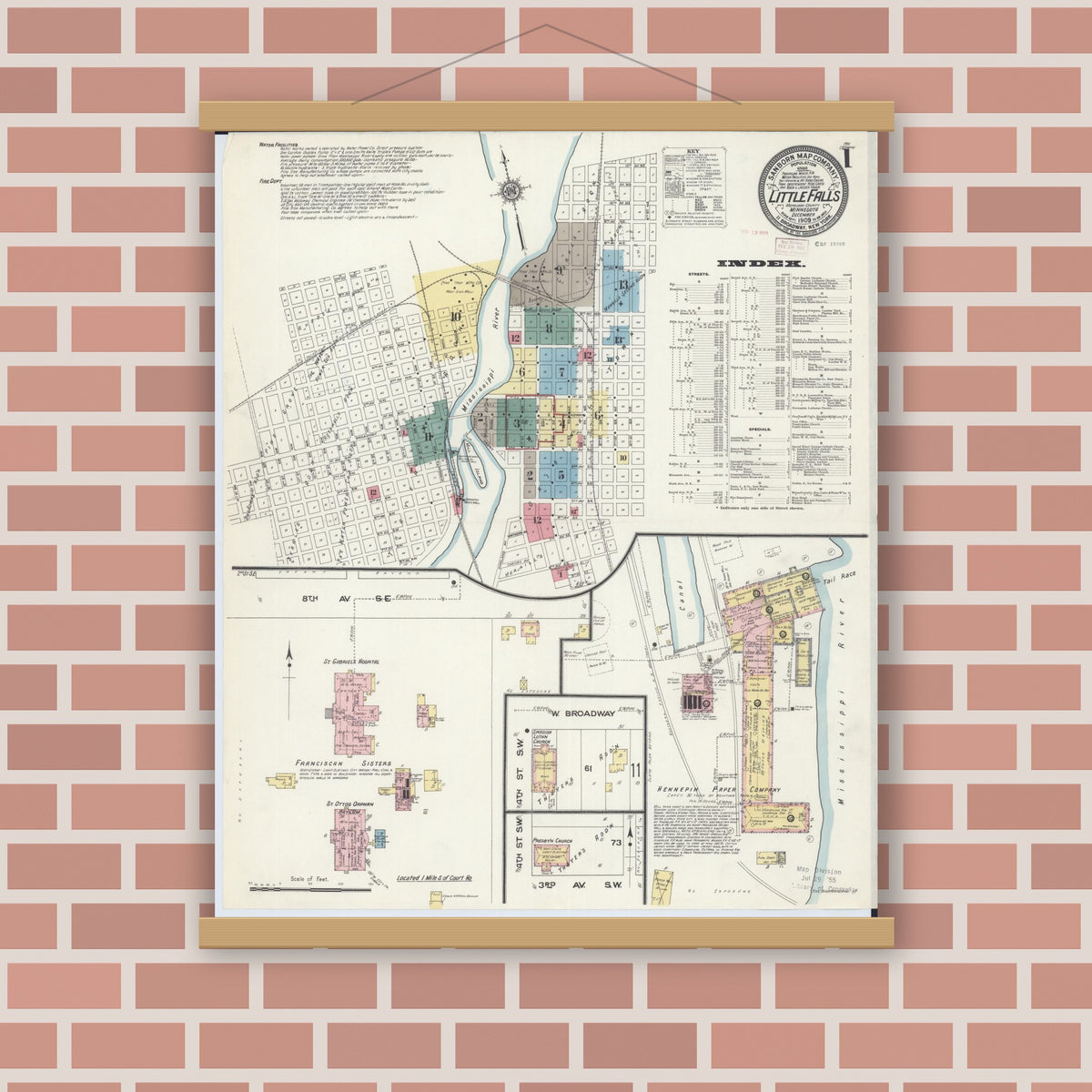Old map wall art mockup — magnetic wood frame on brick wall — Sanborn Fire Insurance Map from Little Falls, Morrison County, Minnesota (1909), Sheet #0001