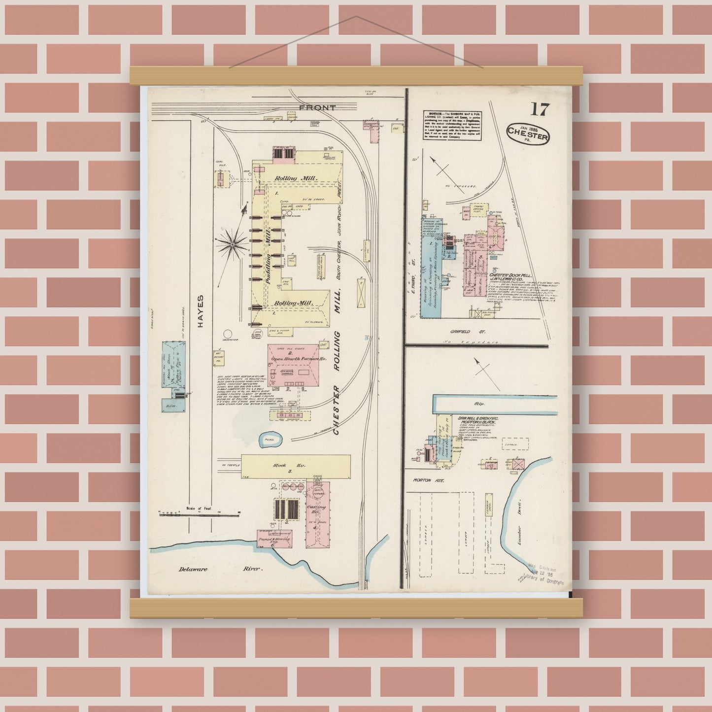 Old map wall art mockup — magnetic wood frame on brick wall — Sanborn Fire Insurance Map from Chester, Delaware County, Pennsylvania (1885), Sheet #0017