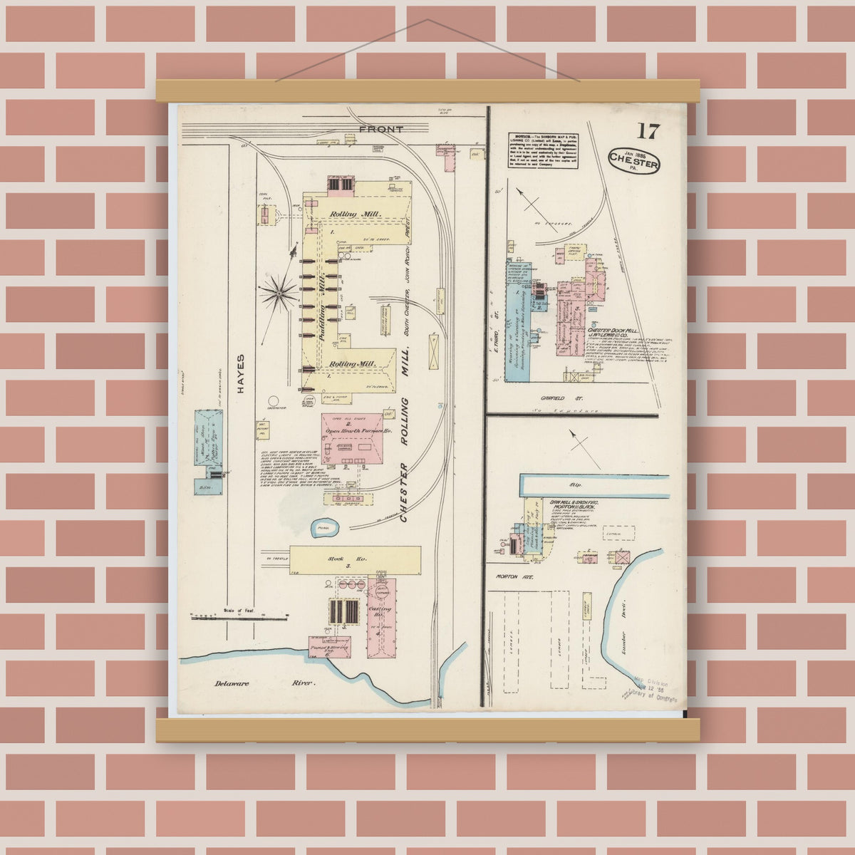 Old map wall art mockup — magnetic wood frame on brick wall — Sanborn Fire Insurance Map from Chester, Delaware County, Pennsylvania (1885), Sheet #0017