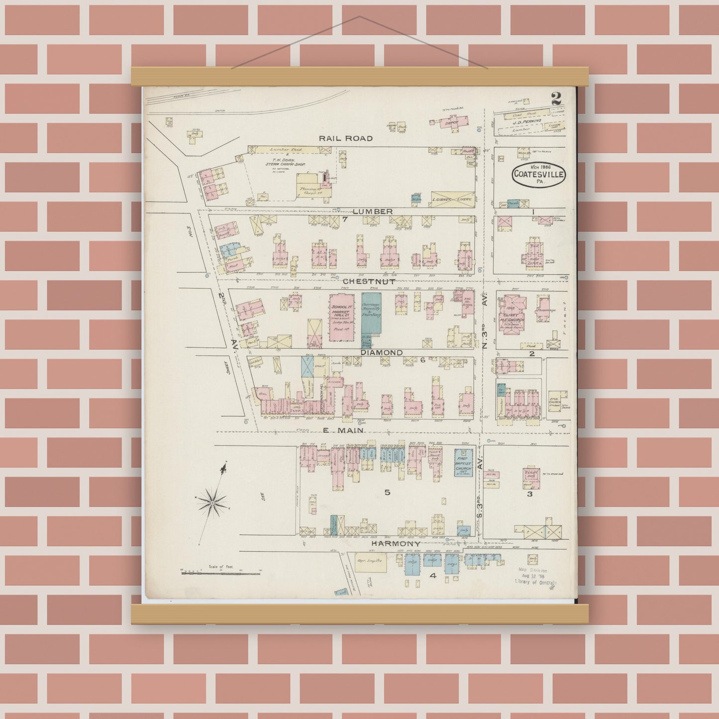 Old map wall art mockup — magnetic wood frame on brick wall — Sanborn Fire Insurance Map from Coatesville, Chester County, Pennsylvania (1886), Sheet #0002