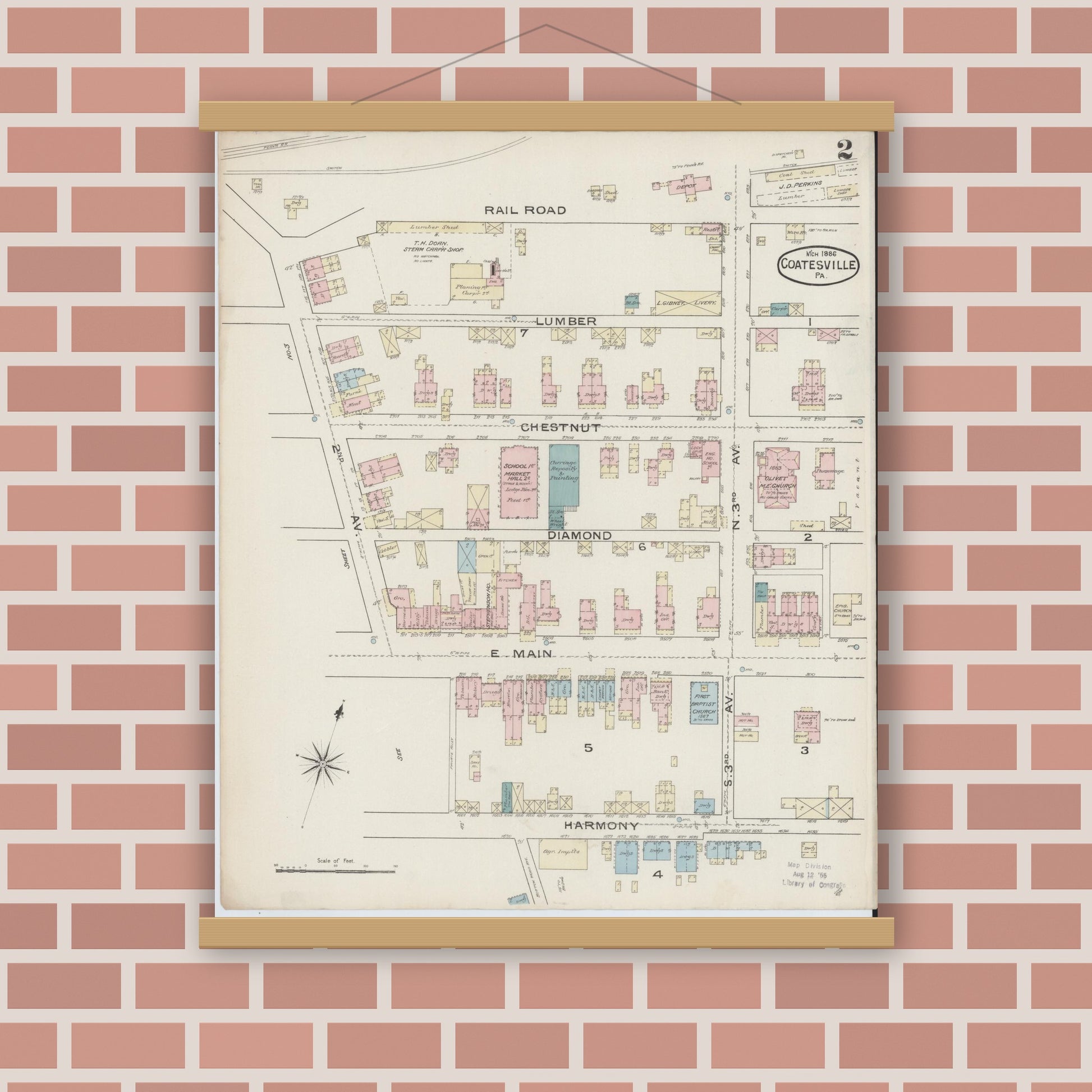 Old map wall art mockup — magnetic wood frame on brick wall — Sanborn Fire Insurance Map from Coatesville, Chester County, Pennsylvania (1886), Sheet #0002