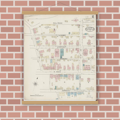 Old map wall art mockup — magnetic wood frame on brick wall — Sanborn Fire Insurance Map from Coatesville, Chester County, Pennsylvania (1886), Sheet #0002