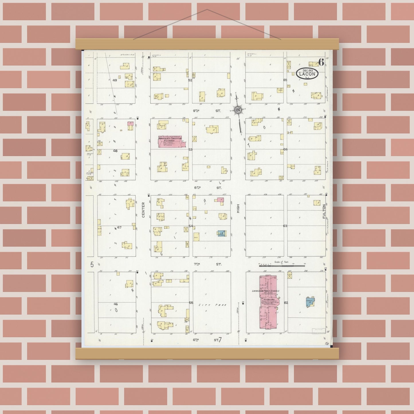 Old map wall art mockup — magnetic wood frame on brick wall — Sanborn Fire Insurance Map from Lacon, Marshall County, Illinois (1913), Sheet #0006