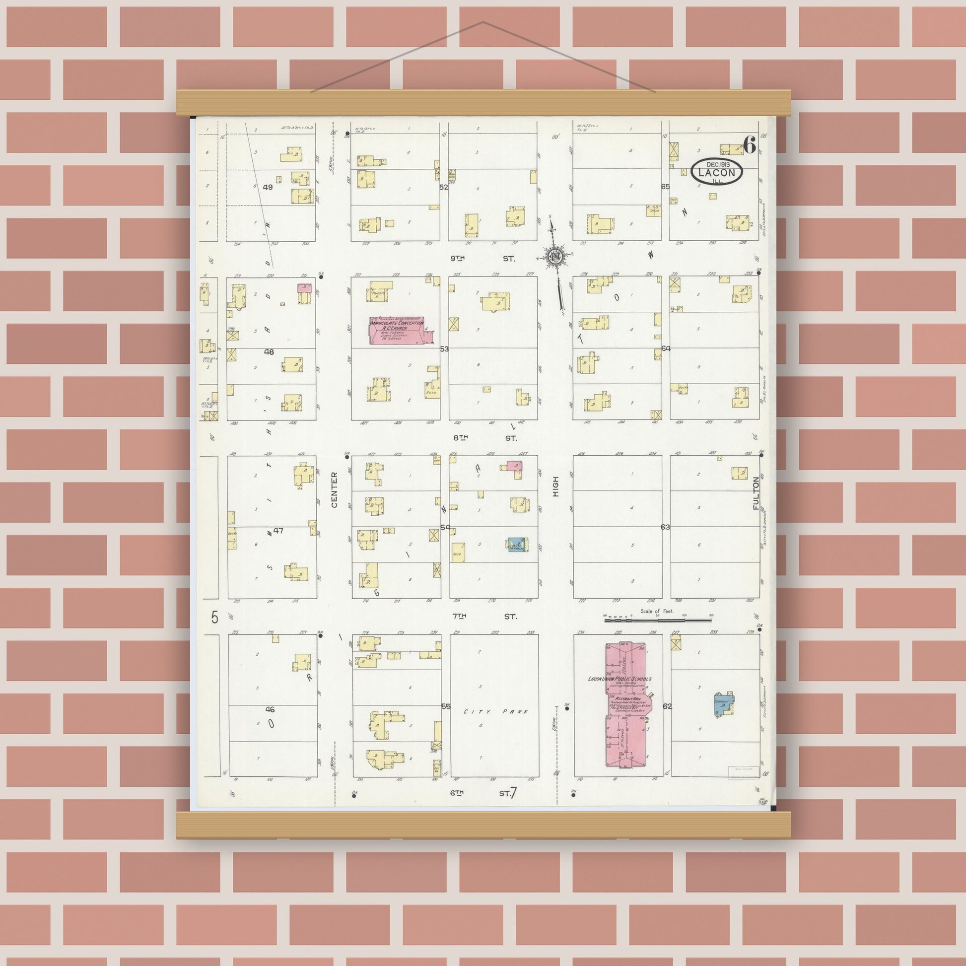 Old map wall art mockup — magnetic wood frame on brick wall — Sanborn Fire Insurance Map from Lacon, Marshall County, Illinois (1913), Sheet #0006