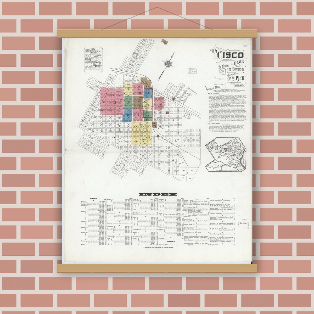 Old map wall art mockup — magnetic wood frame on brick wall — Sanborn Fire Insurance Map from Cisco, Eastland County, Texas (1920), Sheet #0001