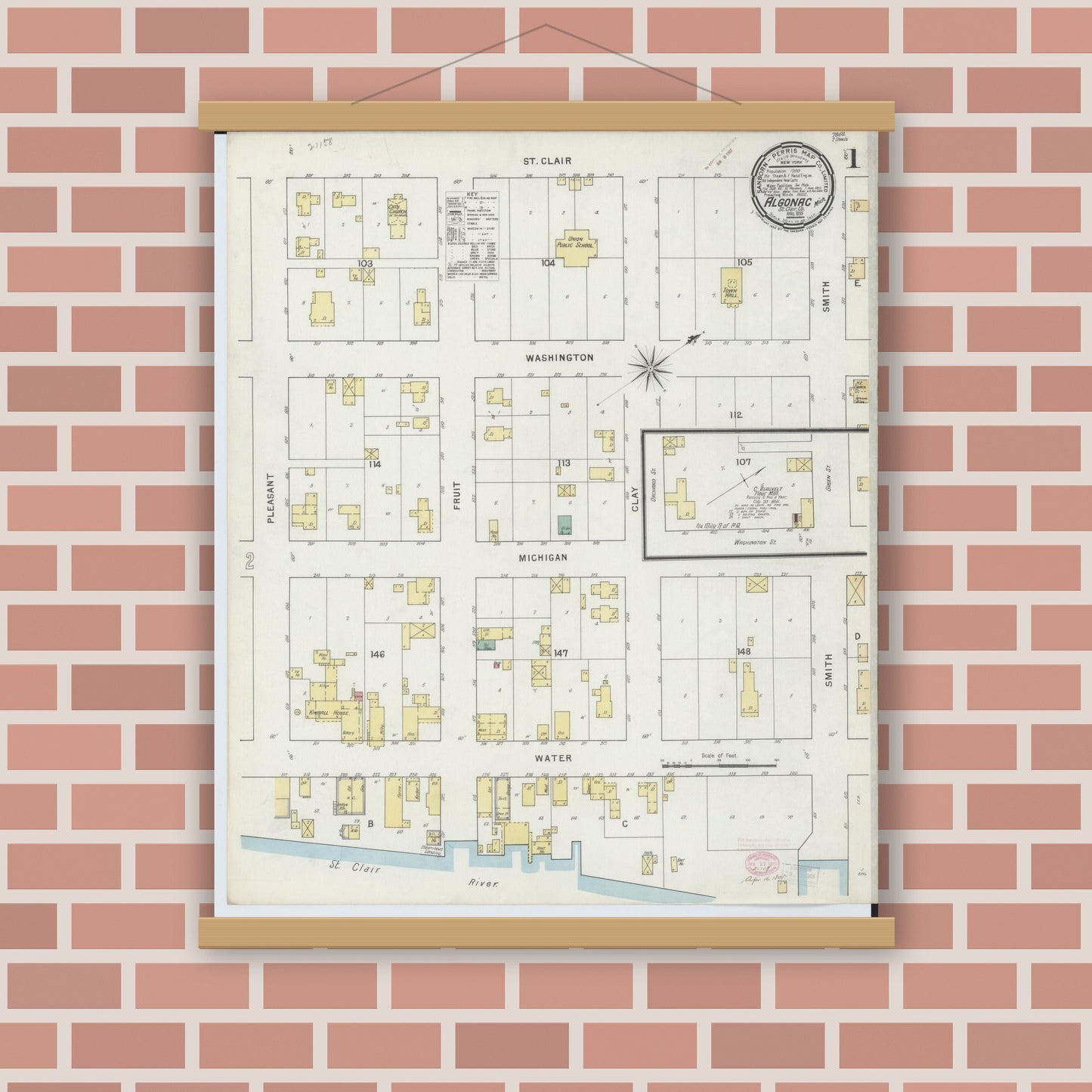 Old map wall art mockup — magnetic wood frame on brick wall — Sanborn Fire Insurance Map from Algonac, Saint Clair County, Michigan (1895) - Complete Map Set