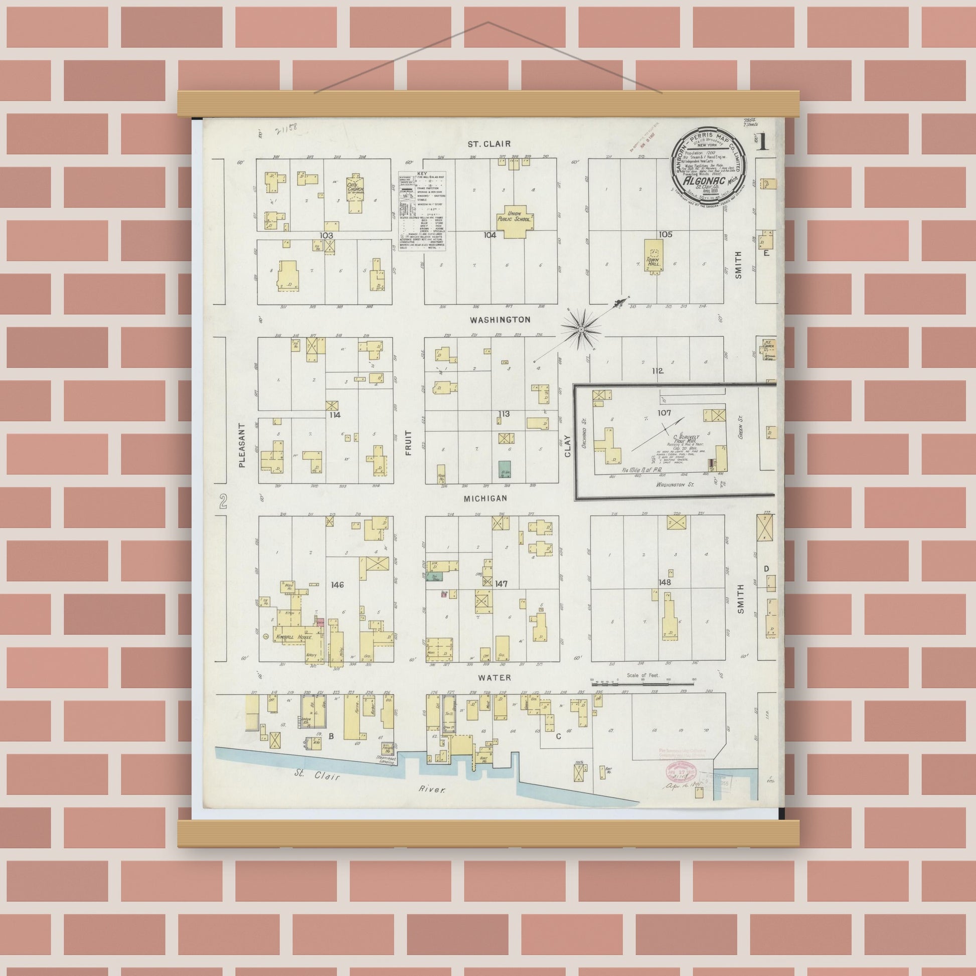 Old map wall art mockup — magnetic wood frame on brick wall — Sanborn Fire Insurance Map from Algonac, Saint Clair County, Michigan (1895) - Complete Map Set