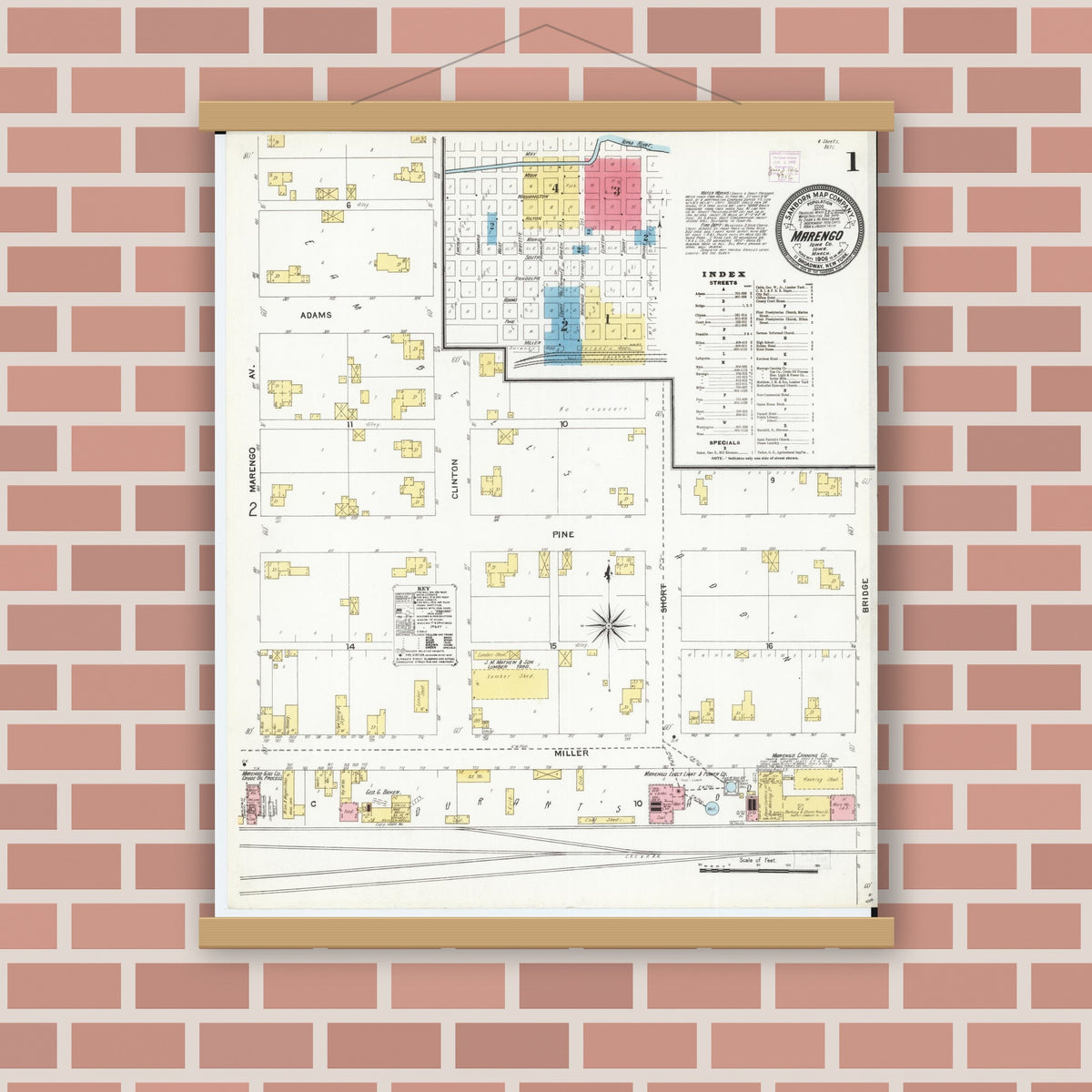 Old map wall art mockup — magnetic wood frame on brick wall — Sanborn Fire Insurance Map from Marengo, Iowa County, Iowa (1906) â€” Complete Set