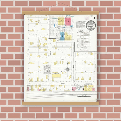 Old map wall art mockup — magnetic wood frame on brick wall — Sanborn Fire Insurance Map from Marengo, Iowa County, Iowa (1906) â€” Complete Set