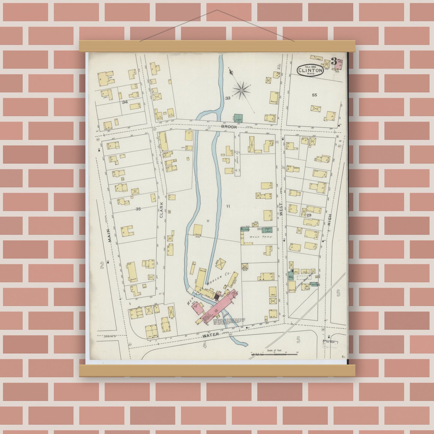 Old map wall art mockup — magnetic wood frame on brick wall — Sanborn Fire Insurance Map from Clinton, Worcester County, Massachusetts (1894), Sheet #0003