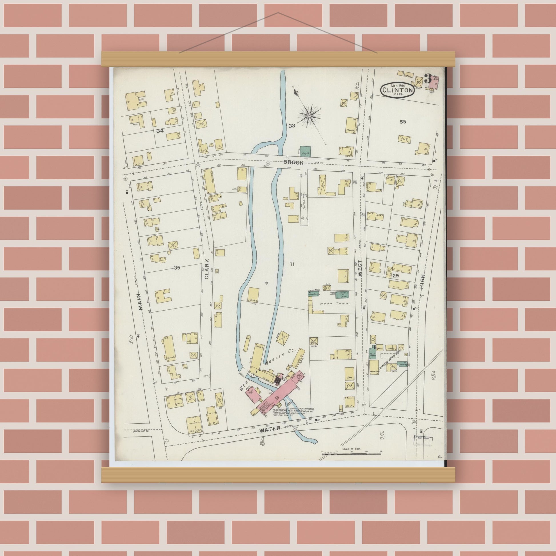 Old map wall art mockup — magnetic wood frame on brick wall — Sanborn Fire Insurance Map from Clinton, Worcester County, Massachusetts (1894), Sheet #0003