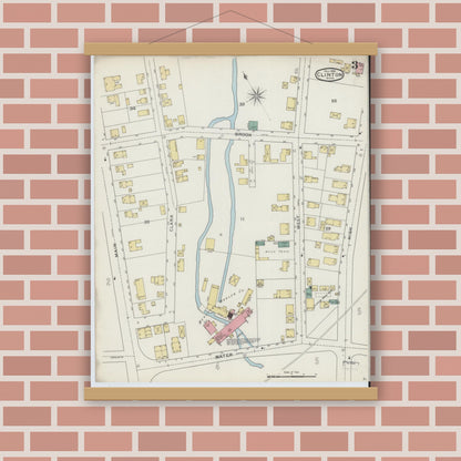 Old map wall art mockup — magnetic wood frame on brick wall — Sanborn Fire Insurance Map from Clinton, Worcester County, Massachusetts (1894), Sheet #0003