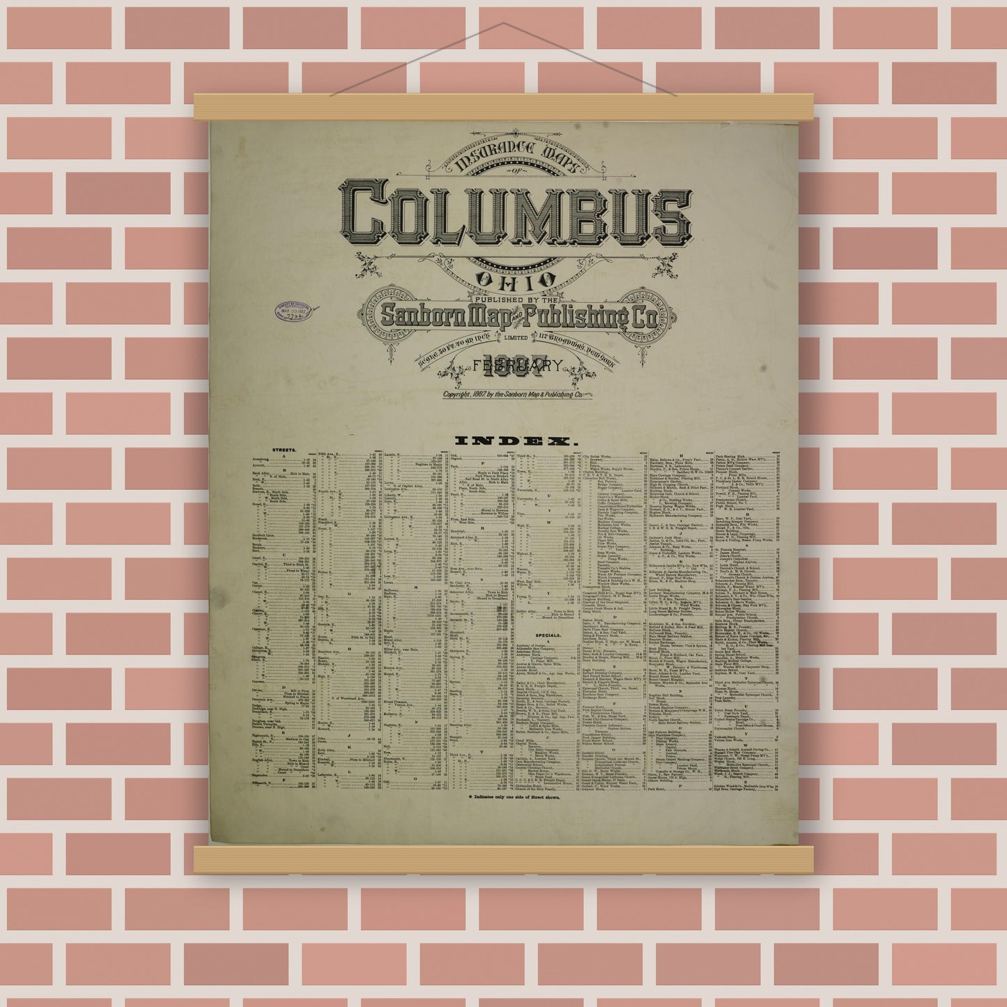 Old map wall art mockup — magnetic wood frame on brick wall — Sanborn Fire Insurance Map from Columbus, Franklin County, Ohio (1887), Sheet #0001