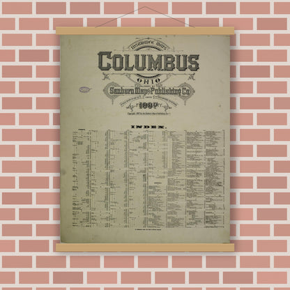 Old map wall art mockup — magnetic wood frame on brick wall — Sanborn Fire Insurance Map from Columbus, Franklin County, Ohio (1887), Sheet #0001