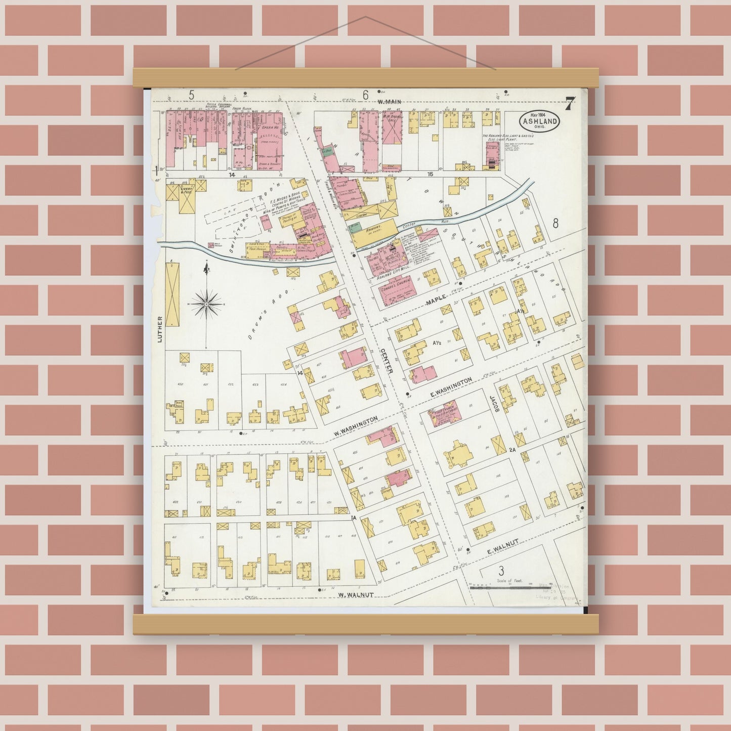 Old map wall art mockup — magnetic wood frame on brick wall — Sanborn Fire Insurance Map from Ashland, Ashland County, Ohio (1904), Sheet #0007