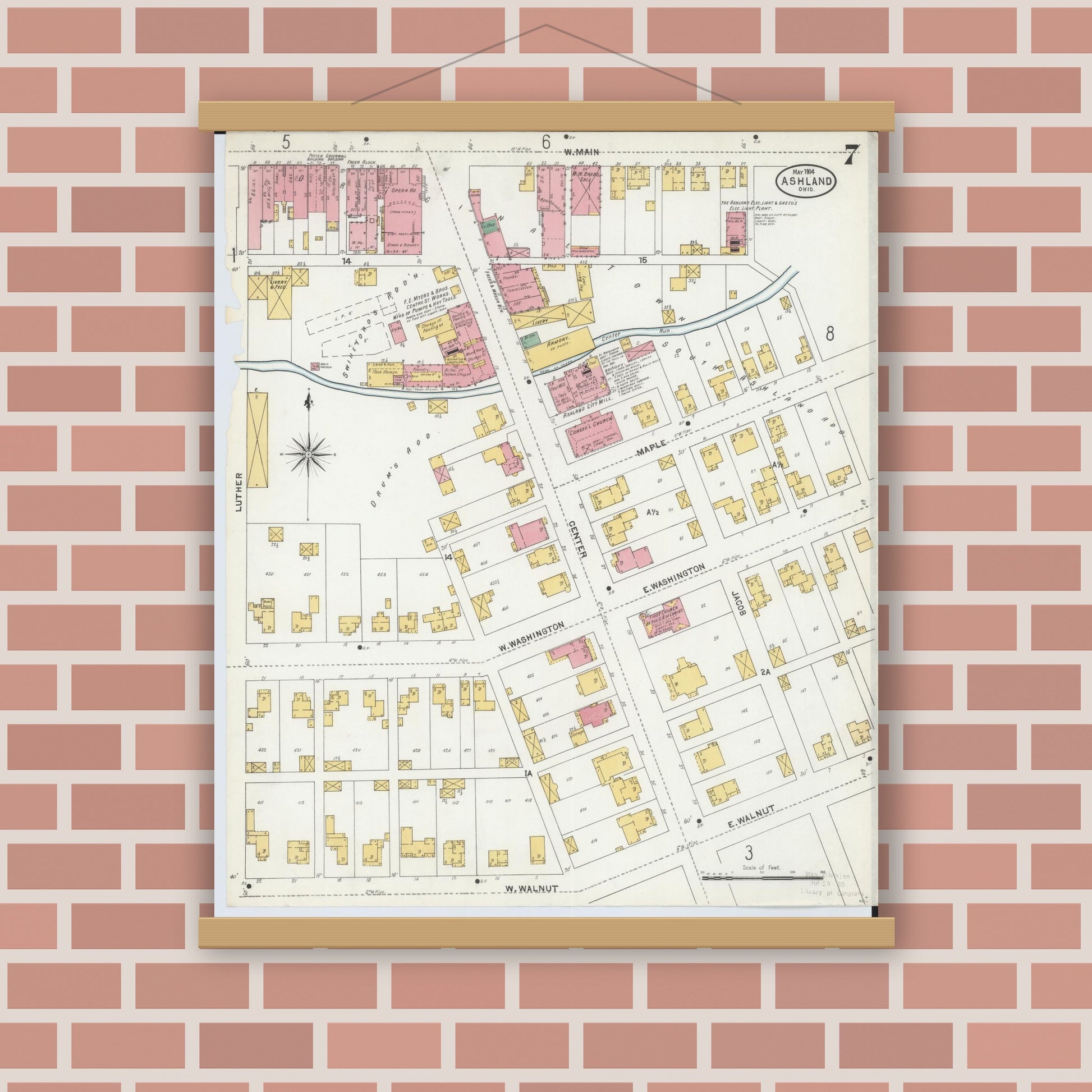 Old map wall art mockup — magnetic wood frame on brick wall — Sanborn Fire Insurance Map from Ashland, Ashland County, Ohio (1904), Sheet #0007