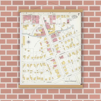 Old map wall art mockup — magnetic wood frame on brick wall — Sanborn Fire Insurance Map from Ashland, Ashland County, Ohio (1904), Sheet #0007