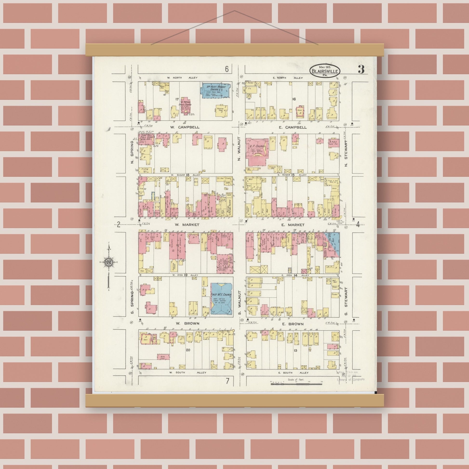 Old map wall art mockup — magnetic wood frame on brick wall — Sanborn Fire Insurance Map from Blairsville, Indiana County, Pennsylvania (1915), Sheet #0003