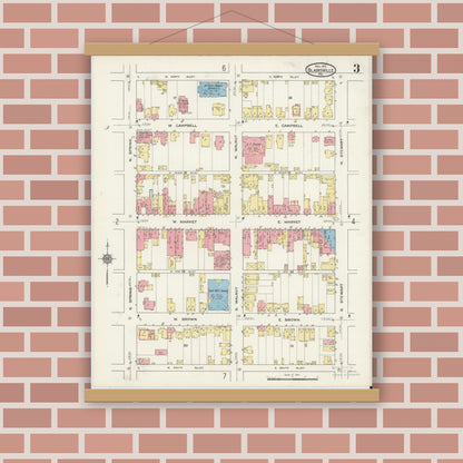 Old map wall art mockup — magnetic wood frame on brick wall — Sanborn Fire Insurance Map from Blairsville, Indiana County, Pennsylvania (1915), Sheet #0003