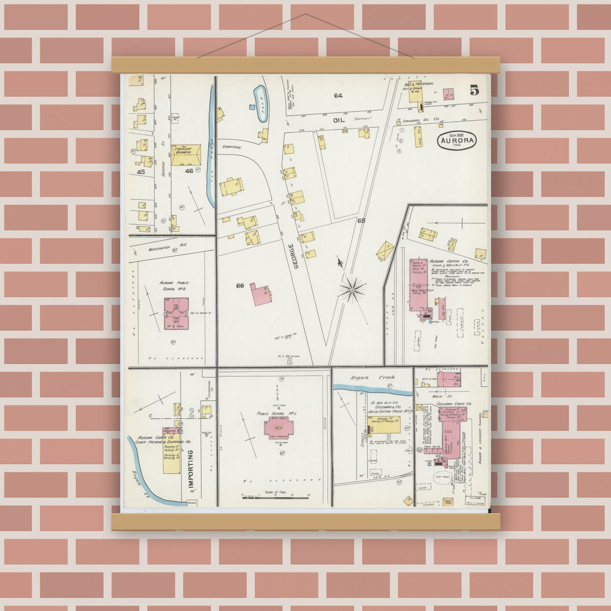 Old map wall art mockup — magnetic wood frame on brick wall — Sanborn Fire Insurance Map from Aurora, Dearborn County, Indiana (1892), Sheet #0005