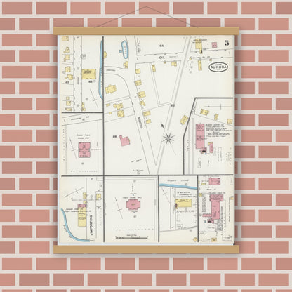 Old map wall art mockup — magnetic wood frame on brick wall — Sanborn Fire Insurance Map from Aurora, Dearborn County, Indiana (1892), Sheet #0005