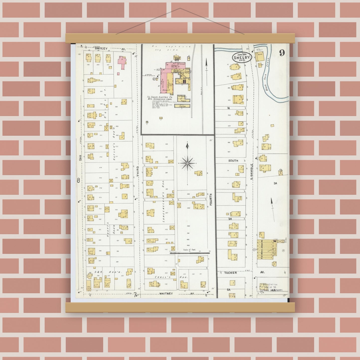 Old map wall art mockup — magnetic wood frame on brick wall — Sanborn Fire Insurance Map from Shelby, Richland County, Ohio (1904), Sheet #0009