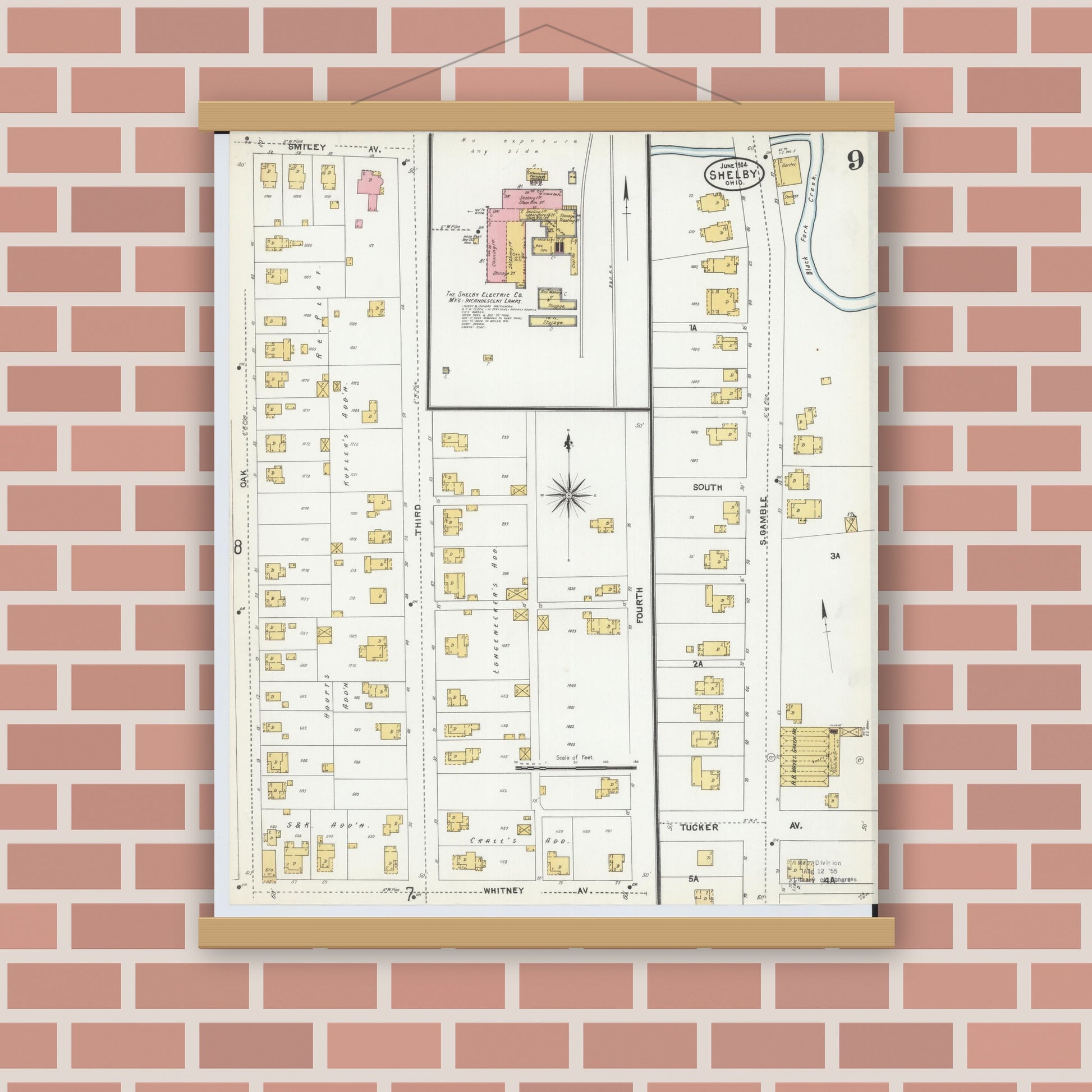 Old map wall art mockup — magnetic wood frame on brick wall — Sanborn Fire Insurance Map from Shelby, Richland County, Ohio (1904), Sheet #0009