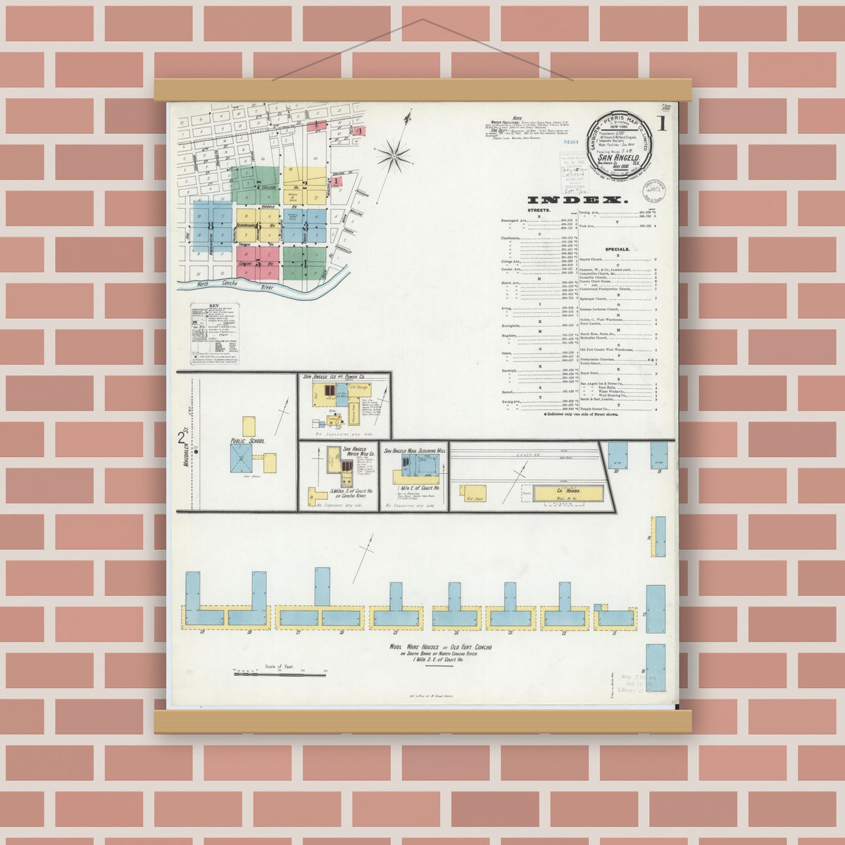 Old map wall art mockup — magnetic wood frame on brick wall — Sanborn Fire Insurance Map from San Angelo, Tom Green County, Texas (1900) - Complete Map Set