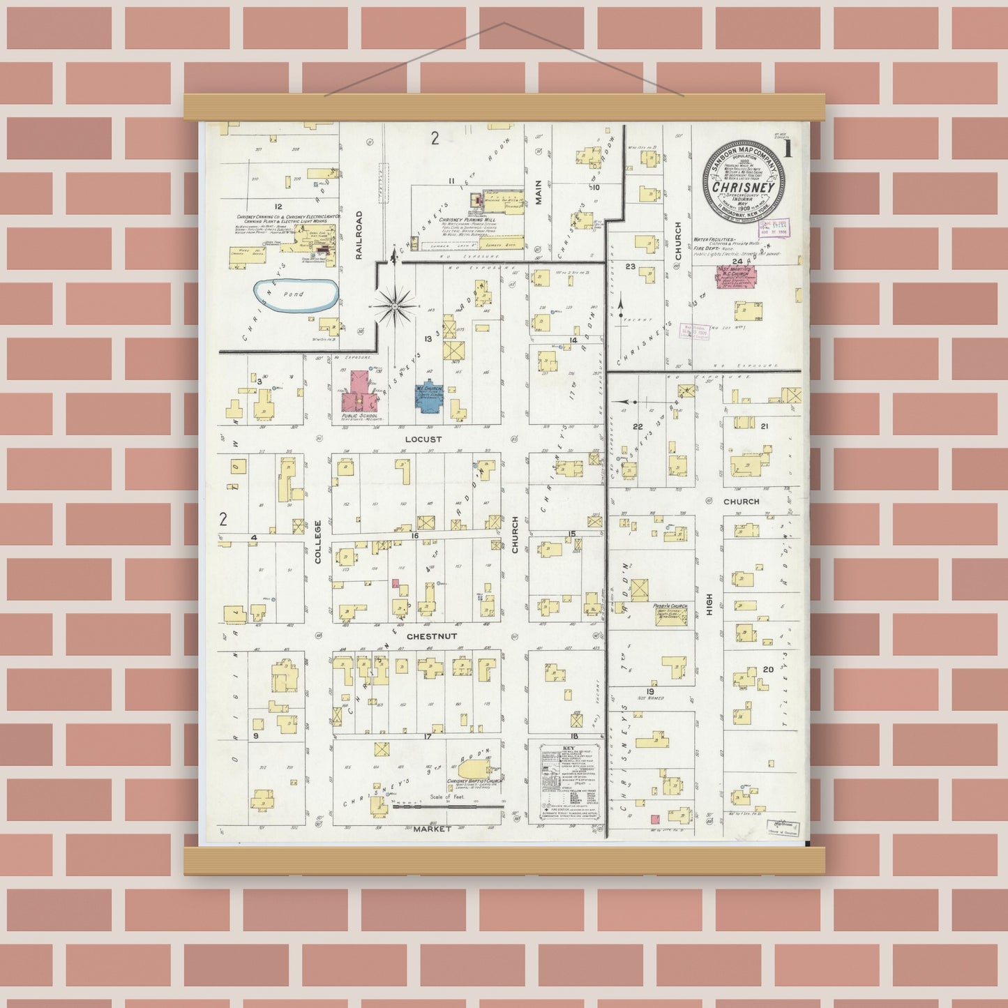 Old map wall art mockup — magnetic wood frame on brick wall — Sanborn Fire Insurance Map from Chrisney, Spencer County, Indiana (1909) - Complete Map Set