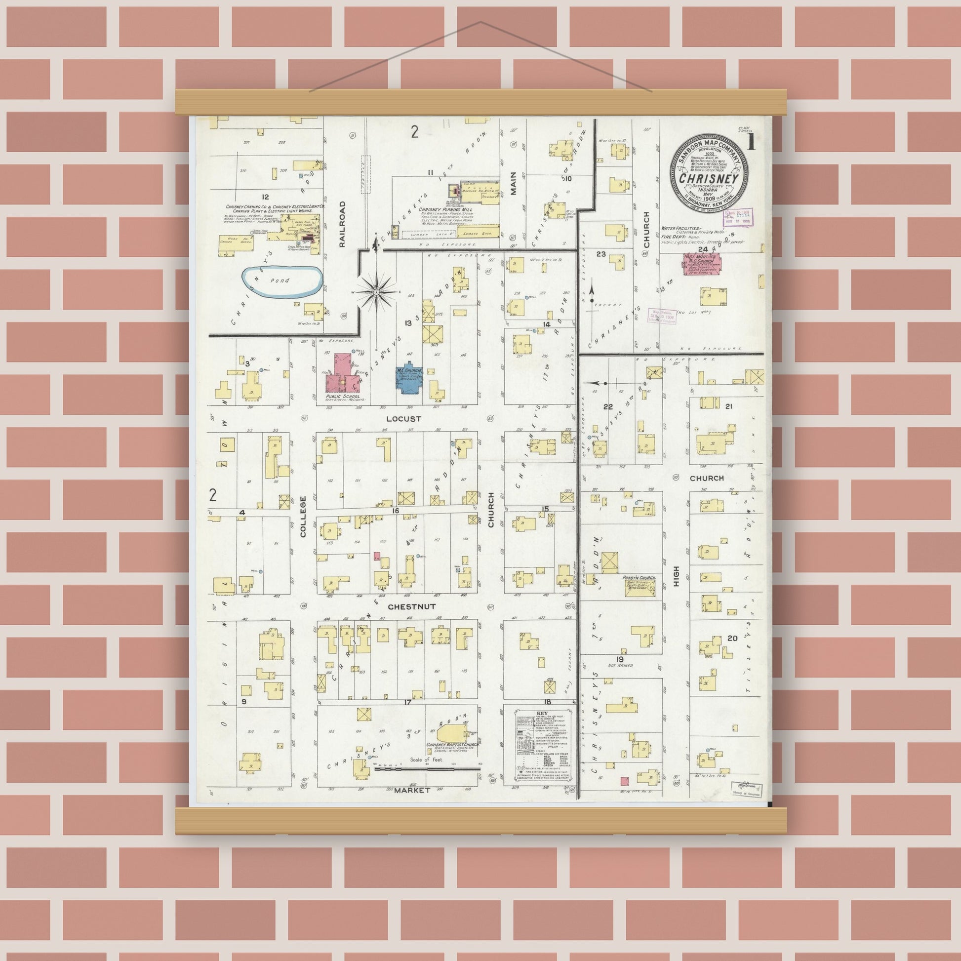 Old map wall art mockup — magnetic wood frame on brick wall — Sanborn Fire Insurance Map from Chrisney, Spencer County, Indiana (1909) - Complete Map Set