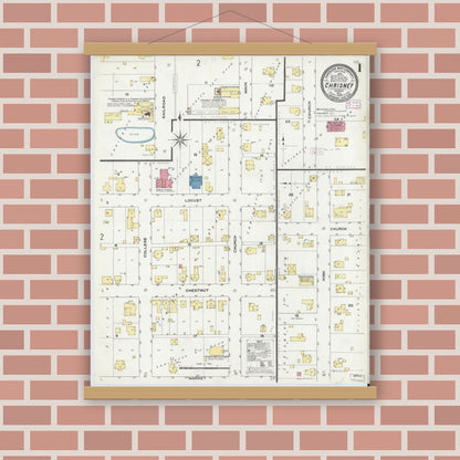 Old map wall art mockup — magnetic wood frame on brick wall — Sanborn Fire Insurance Map from Chrisney, Spencer County, Indiana (1909) - Complete Map Set