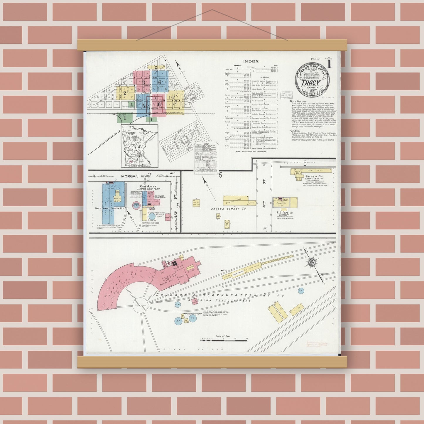 Old map wall art mockup — magnetic wood frame on brick wall — Sanborn Fire Insurance Map from Tracy, Lyon County, Minnesota (1917) - Complete Map Set