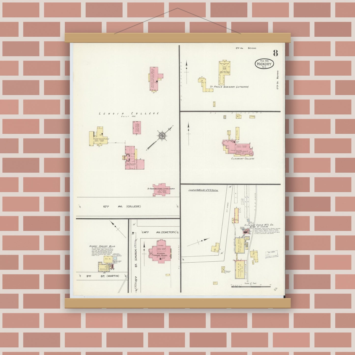 Old map wall art mockup — magnetic wood frame on brick wall — Sanborn Fire Insurance Map from Hickory, Catawba County, North Carolina (1913), Sheet #0008